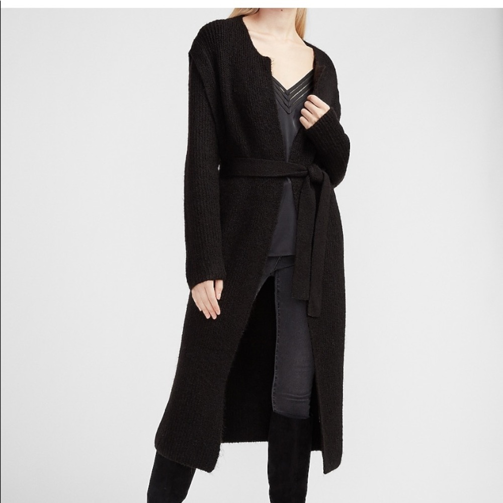 Belted black long cardigan
